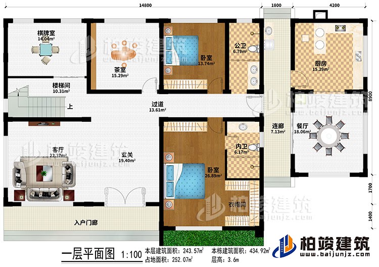 一層：入戶門廊、客廳、玄關(guān)、樓梯間、過道、棋牌室、茶室、餐廳、廚房、2臥室、衣帽間、公衛(wèi)、內(nèi)衛(wèi)、連廊