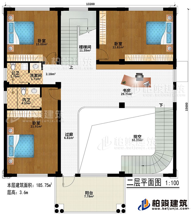 二層：挑空、過道、書房、樓梯間、3臥室、洗漱間、公衛(wèi)、內(nèi)衛(wèi)、陽臺