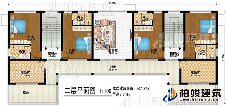 二層：起居室、2樓梯間、4臥室、4內(nèi)衛(wèi)、2儲物間、過廊、2露臺